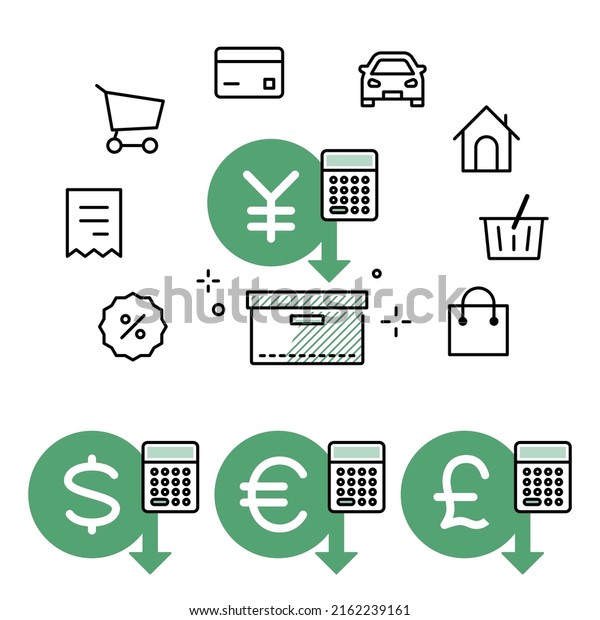 Cost management\
Various types of expenses and icon sets in Japanese yen, dollars,\
euros, and British pounds