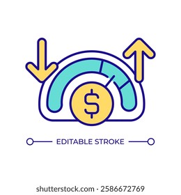 Cost meter RGB color icon. Money coin, price. Finance, economics. Increase and decrease arrows. Efficiency, performance. Isolated vector illustration. Simple filled line drawing. Editable stroke