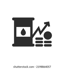 Cost of oil icon. Barrel, money, and upward arrow. Monochrome black and white symbol