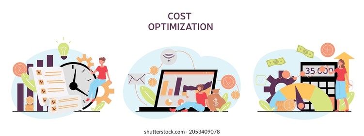 Cost optimization concept. Characters pay bills, make savings and count income. Managing family budget or business finances. Increased profits. Cartoon flat vector set isolated on white background