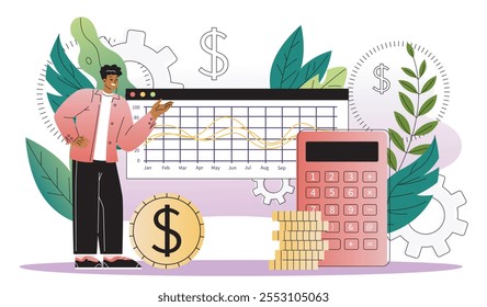 Cost optimization concept. Man stands near gold coins and calculator. Financial literacy and cost reduction. Accounting and budgeting. Flat vector illustration isolated on white background