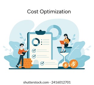 Cost Optimization concept. Smart financial planning and effective budget management for business growth. Professionals identify methods of cost optimization. Flat vector illustration