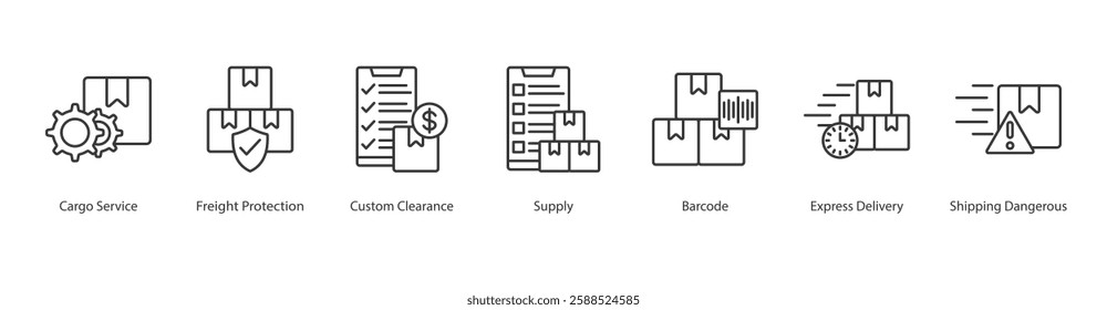 Cost Optimization Icon Sheet supply, cargo service, freight protection, custom clearance, barcode, express delivery, shipping dangerous