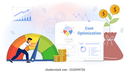 Cost Optimization Idea Balance Costs Reduction Strategy Concept Isolated Flat Vector Illustration Web Banner, Landing Page Marketing Campaign Management Control Falling Rate Profit Decrease Minimising