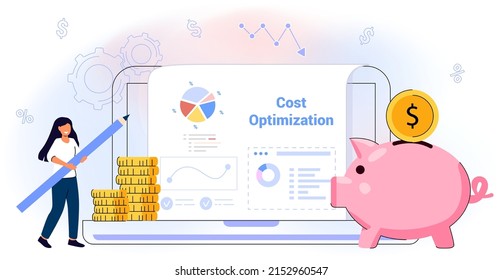 Cost optimization Idea balance Costs reduction strategy concept Isolated flat vector illustration web banner, landing page Marketing campaign management Control falling rate profit Decrease Minimising