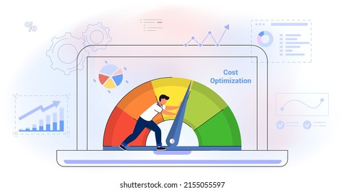 Cost optimization Idea balance Costs reduction strategy concept Isolated flat vector illustration web banner, landing page Marketing campaign management Control falling rate profit Decrease Minimising