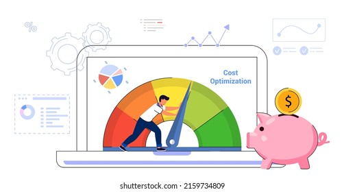 Cost optimization Idea balance Costs reduction strategy concept Isolated flat vector illustration web banner, landing page Marketing campaign management Control falling rate profit Decrease Minimising