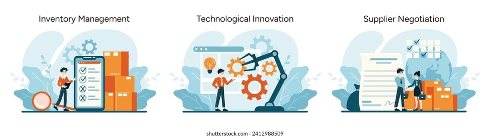 Cost Optimization process set. Streamlined inventory tracking, breakthroughs in technology, strategic supplier engagement. Flat vector illustration