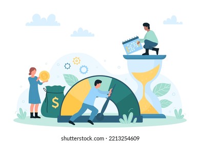 Cost optimization of services and products vector illustration. Cartoon tiny people reduce price with level meter, optimize efficiency of production, budget cuts and business company organization