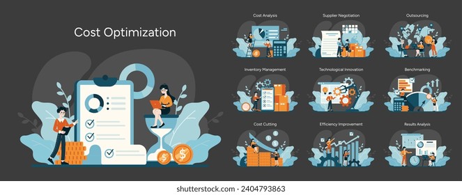 Cost Optimization set. Strategic financial management and resource allocation. Streamlining operations, enhancing productivity. Flat vector illustration