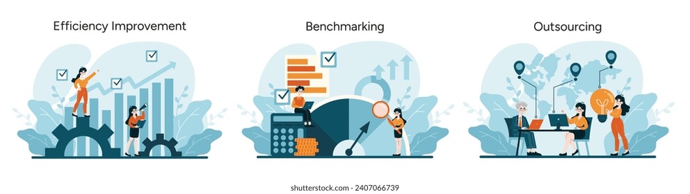 Cost Optimization trio. Enhancing operational productivity, industry standard evaluation, global business delegation. Flat vector illustration