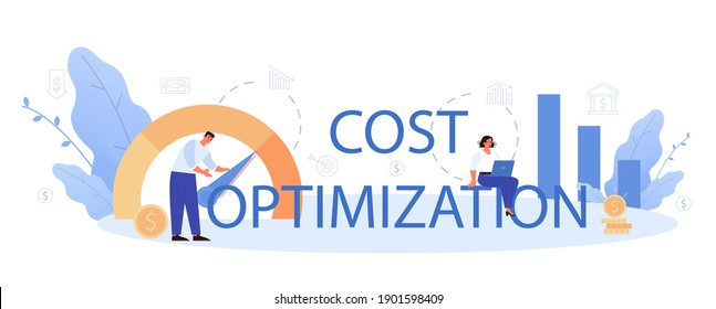 Cost optimization typographic header. Idea of cost and income balance. Spending and cost reduction, while maximizing business value. Isolated flat illustration vector