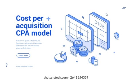 Cost per acquisition CPA model, featuring design elements like charts, coins, and devices. It serves as a modern template for digital marketing strategies. Isometric line banner template
