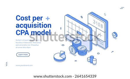 Cost per acquisition CPA model, featuring design elements like charts, coins, and devices. It serves as a modern template for digital marketing strategies. Isometric line banner template