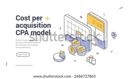 Cost per acquisition CPA model financial planning analyzing isometric web banner design template line vector illustration. Finance accounting calculating commercial efficient management purchase