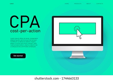 cost per action advertisement illustration concept with realistic desktop. Landing page template.