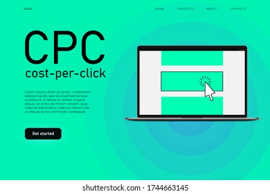 cost per click advertisement illustration concept with realistic desktop. Landing page template.