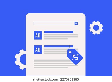 Cost per click advertising automation. Search engine window with contextual text ads, price tag icon with dollar and arrows. AI-based pricing concept for online advertising and cpc marketing visuals