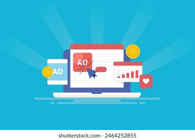 Cost per click, CPC, Website ad click, Spending money on digital advertising, customer clicking on advertisers ad - vector illustration background with icons