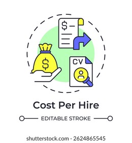Cost per hire multi color concept icon. Measuring total recruitment expenses. Hiring metric. Corporate employment. Round shape line illustration. Abstract idea. Graphic design. Easy to use blog post