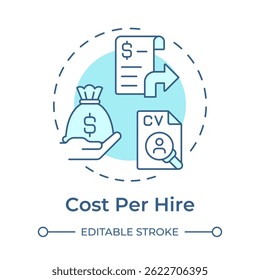 Cost per hire soft blue concept icon. Measuring total recruitment expenses. Hiring metric. Corporate employment. Round shape line illustration. Abstract idea. Graphic design. Easy to use blog post