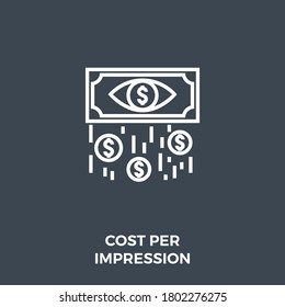 Icono De Línea Delgada De Vector Relacionado Con Coste Por Impresión. Aislado en fondo negro. Stroke editable. Ilustración vectorial.