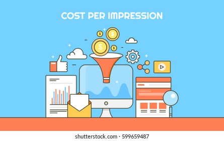 Cost per impression thin line vector banner, CPI with icons and elements