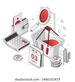 Cost planning - black and red isometric line illustration. Smart spending, reasonable consumption and budgeting idea. Consumer basket, calendar, bills, expenses, calculator, wallet, grocery, coins