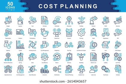 The Cost Planning color icon set outlines essential financial concepts like budgeting, forecasting, and resource allocation ideal for project planning, cost control, and financial strategy.
