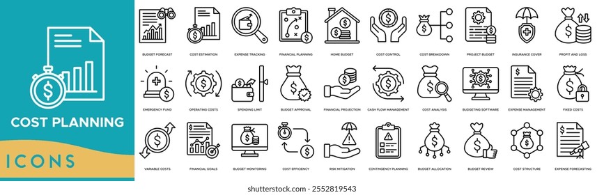 Icono de planificación de costes. Previsión de presupuesto, estimación de costos, seguimiento de gastos, planificación financiera y presupuesto para el hogar