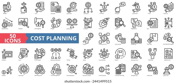 Cost planning icon collection set. Containing budget, expense, investment, estimate, overhead, allocation, funding icon. Simple line vector.