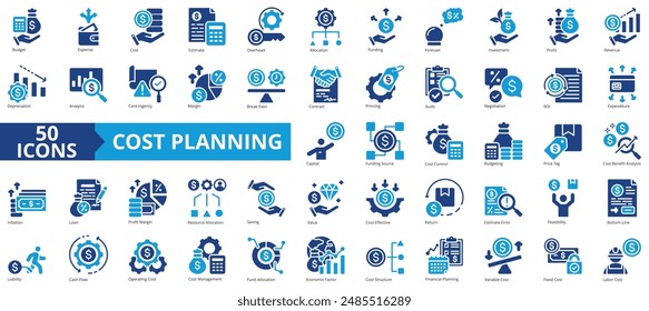 Juego de colecciones de iconos de planificación de costes. Icono de presupuesto, gasto, inversión, estimación, gastos generales, asignación y financiación. Sencillo Vector plano.