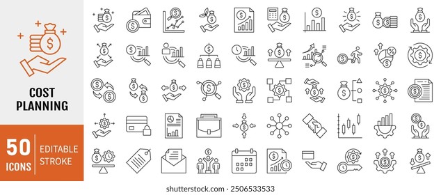 Cost planning icon collection set. Containing budget, expense, investment, estimate, overhead, funding icon. Simple line vector.