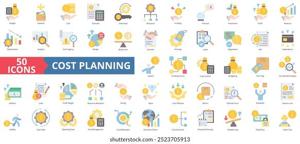 Cost planning icon collection set. Containing budget, expense, investment, estimate, overhead, allocation, funding icon. Simple flat color illustration.