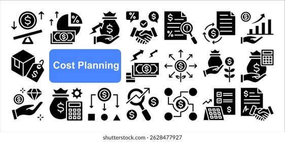 Ícone de planejamento de custo do conjunto de coleta. Contendo o ícone de orçamento, despesa, investimento, estimativa, despesas gerais, alocação e fundos. Vetor plano simples.
