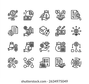 Cost planning icon collection set. Containing budget, expense, investment, estimate, overhead, allocation, funding icon. Simple line vector.	