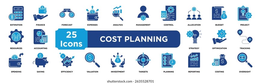 Conjunto de colecciones de iconos de planificación de costes. Contiene presupuesto, finanzas, previsiones, gastos, análisis, gestión, control, asignación, estimación, ícono de proyecto. Vector de doble tono.