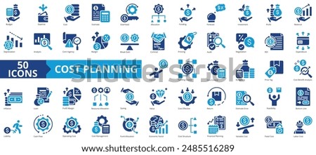 Cost planning icon collection set. Containing budget, expense, investment, estimate, overhead, allocation, funding icon. Simple flat vector.