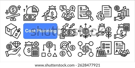 Cost planning icon collection set. Containing budget, expense, investment, estimate, overhead, allocation, funding icon. Simple line vector.