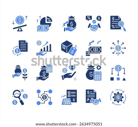 Cost planning icon collection set. Containing budget, expense, investment, estimate, overhead, allocation, funding icon. Simple flat vector.	