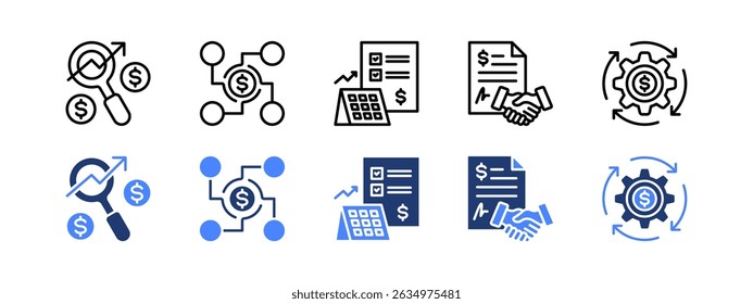 Conjunto de iconos de planificación de costes con análisis, financiación, planificación financiera, contrato y flujo de efectivo.