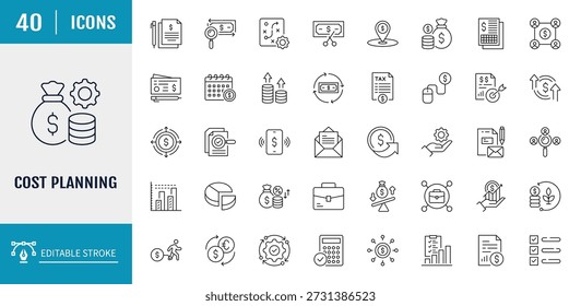 Symbolsatz für die Kostenplanung. Umfasst Budget, Ausgaben, Kostenvoranschlag, Investitionen, Finanzierung und mehr. Vektorgrafik mit bearbeitbaren Strichen