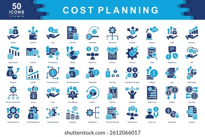 The Cost Planning icon set outlines essential financial concepts like budgeting, forecasting, and resource allocation ideal for project planning, cost control, and financial strategy.