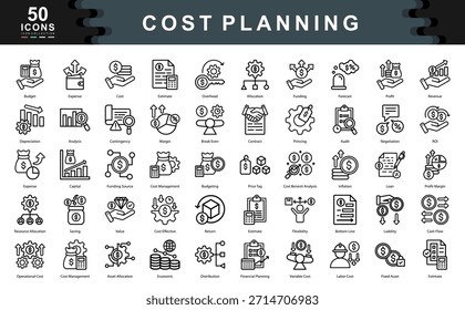 El conjunto de iconos Planificación de costes describe conceptos financieros esenciales como la presupuestación, la previsión y la asignación de recursos, ideales para la planificación de proyectos, el control de costes y la estrategia financiera.