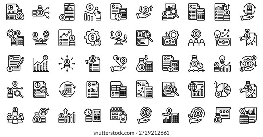 Colección de iconos de planificación de costes. Ilustración vectorial. Plan de Costos, Asignación de Presupuesto, Previsión Financiera, Seguimiento de Gastos, Estimación de Costos, Pérdida de Ganancias, Calculadora de Presupuesto, Análisis de Costos. Vector Pro	
