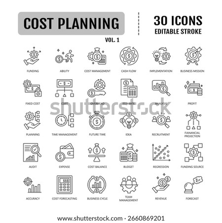 Cost planning line icon set. Editable stroke. Containing budget, expense, estimate, investment, allocation, funding icon. Vector illustration