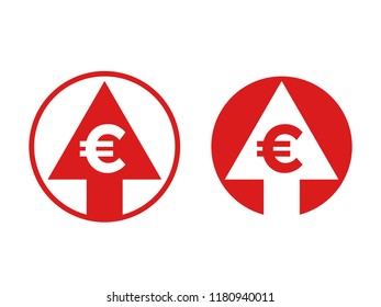 Cost price grow increase Euro and arrow icon. Vector red symbol for financial Euro dollar currency and cryptocurrency high index rate or stock exchange market design