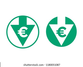 Cost price low decrease Euro and arrow icon. Vector green symbol for financial Euro currency and cryptocurrency reduce index rate or stock exchange market design