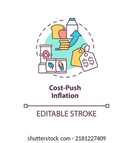 Cost Push Inflation Concept Icon. Food Products Price Increasing. Inflation Type Abstract Idea Thin Line Illustration. Isolated Outline Drawing. Editable Stroke. Arial, Myriad Pro-Bold Fonts Used