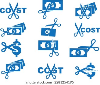 Cost reduce icon set, 12 costs optimisation icon set blue vector